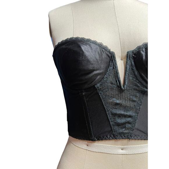 Vintage Black Lace Satin Backless Smoothie Strapless Bra 34B Corset Bustier - Picture 3 of 9